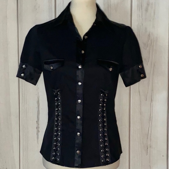 bebe Tops - BeBe Eyelet Lace Up Detail Black Short Sleeve Top